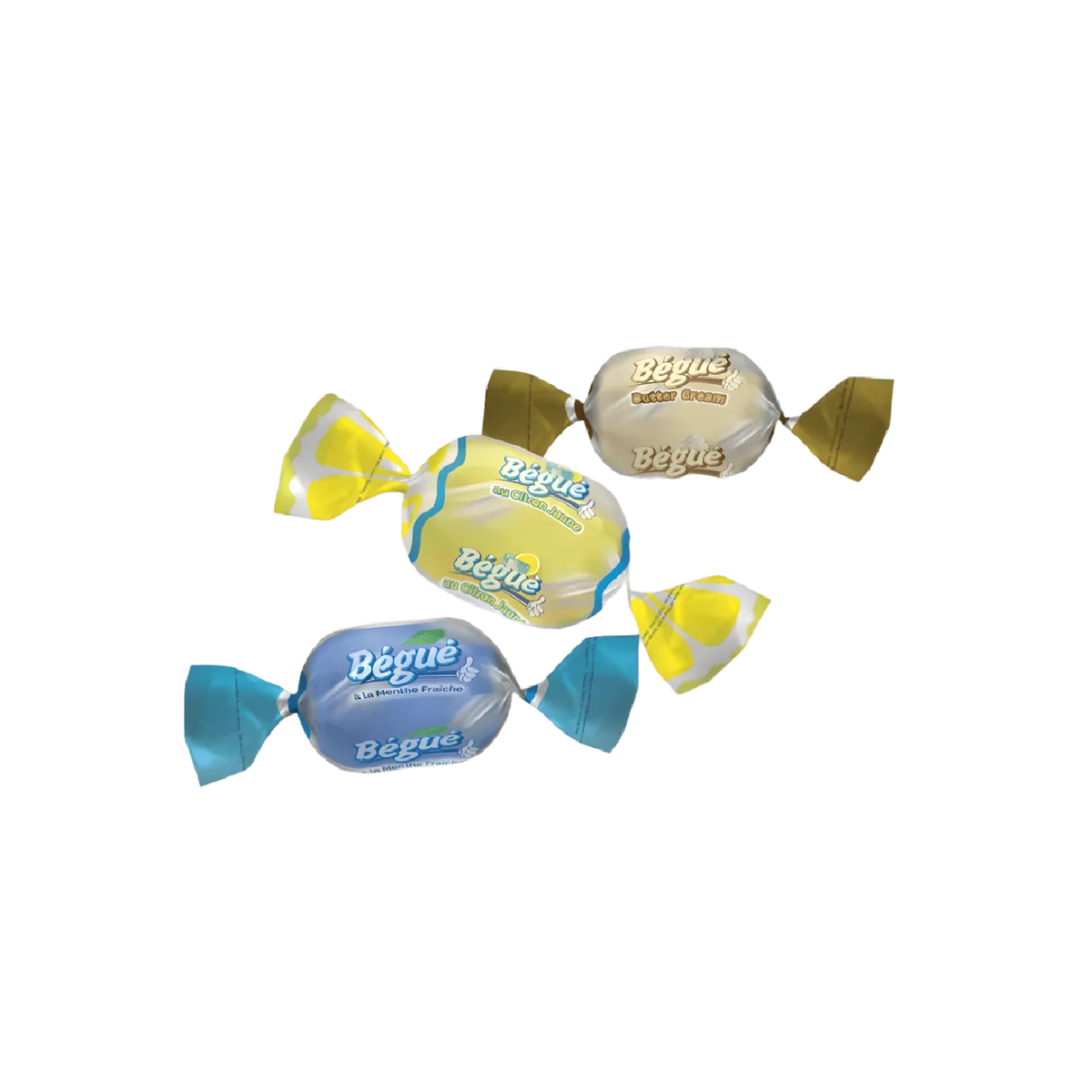 Bonbons BÉGUÉ emballés individuellement, saveurs Gingembre Ananas, Menthe et Tamarin. Confiserie originale pour les amateurs de goûts intenses.